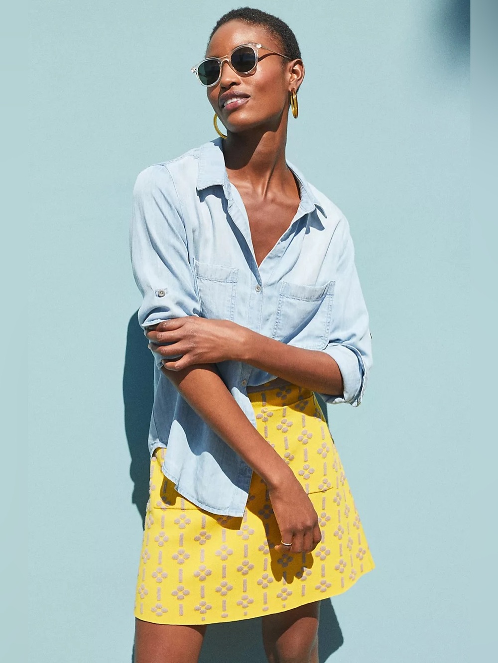 Anthropologie Maeve Yellow & Gray Floral Jacquard‎ Knit Quant Mini Skirt Sz. S